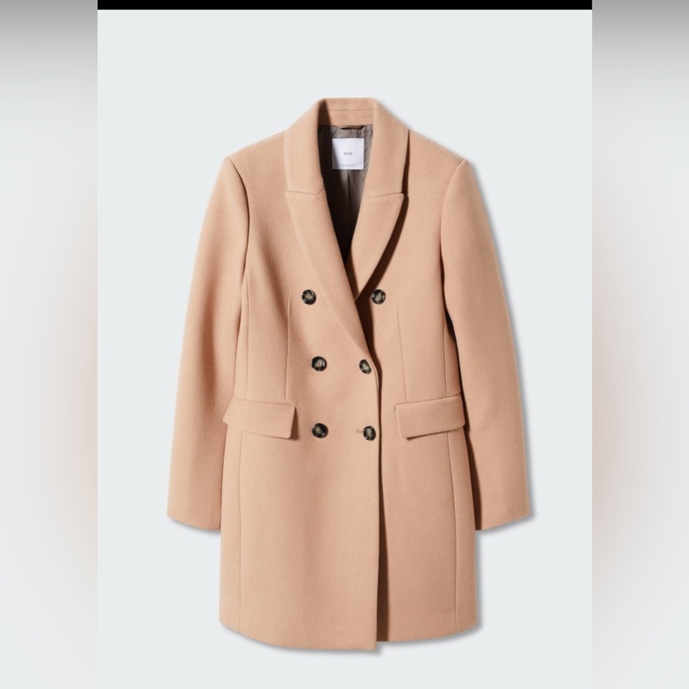 MANGO Wool-Blend Double-Breasted Coat in camel, M, Classic, Structured & Chic